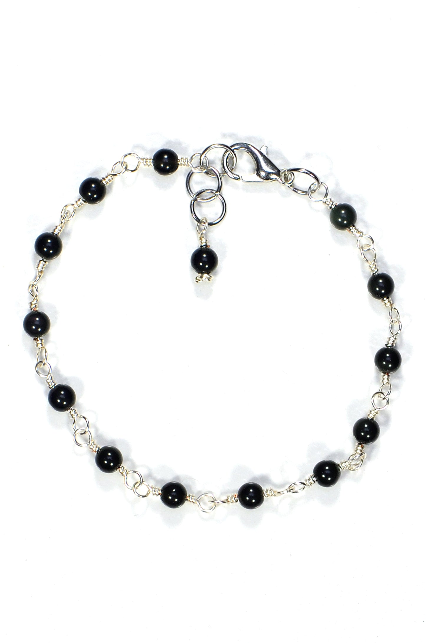 Top view of 4mm Black Obsidian Link Chain Anklet.