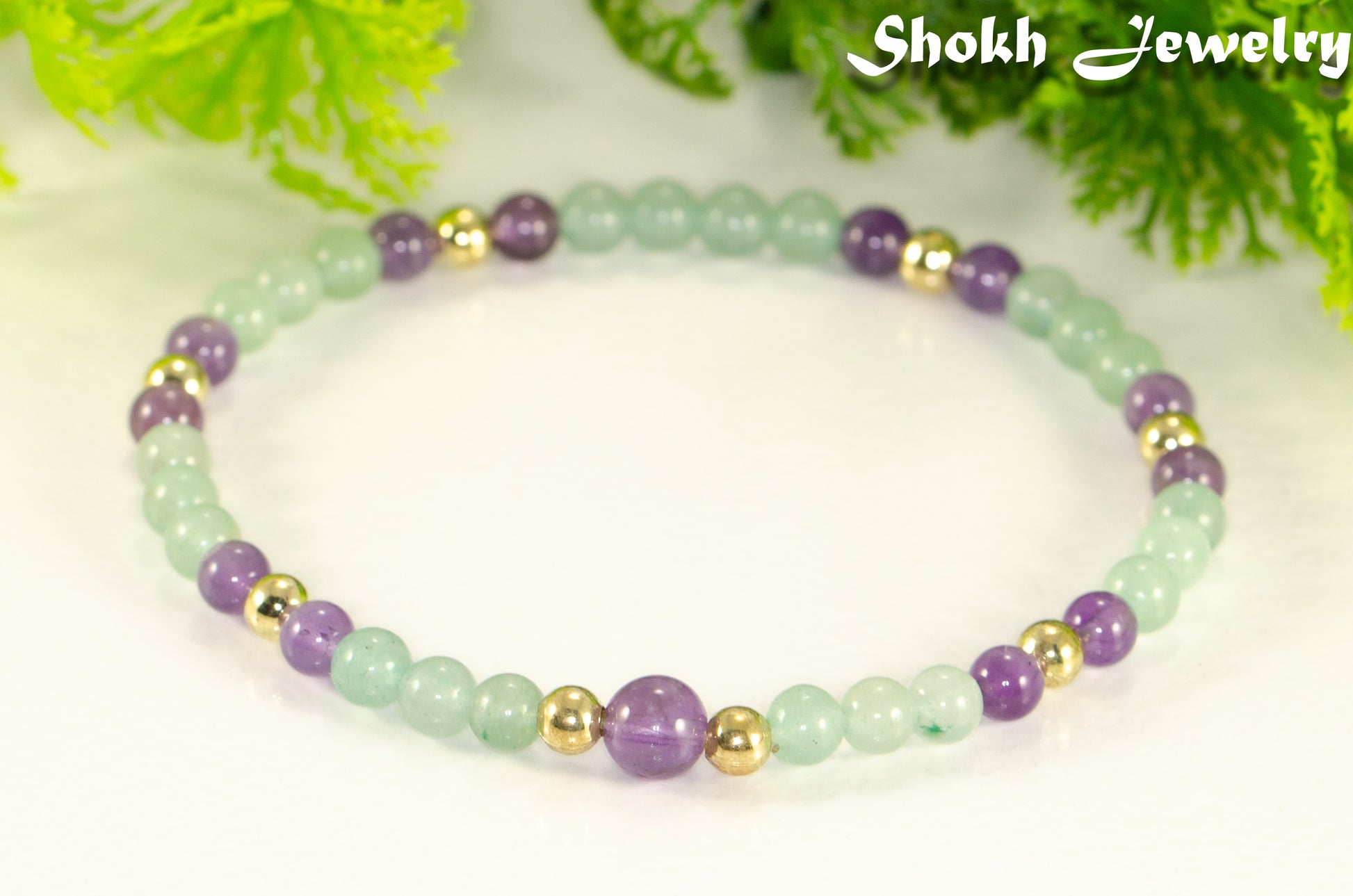 Close up of 4mm Green Aventurine and Amethyst Bracelet.