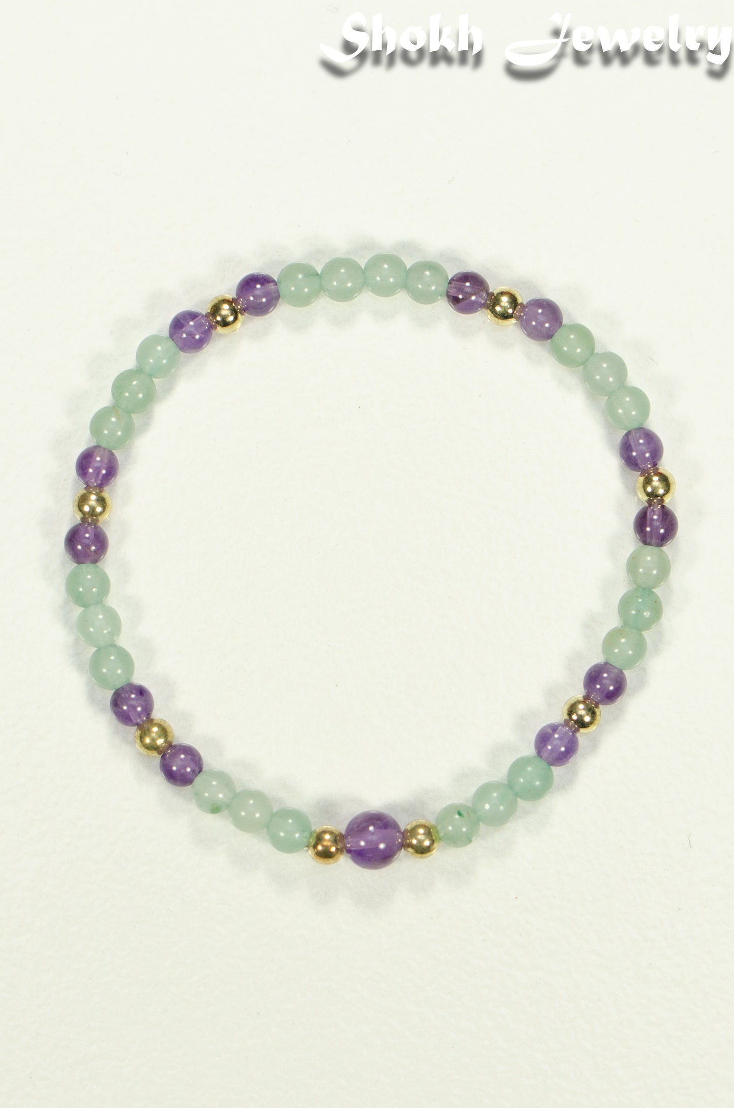 Top view of 4mm Green Aventurine and Amethyst Bracelet.