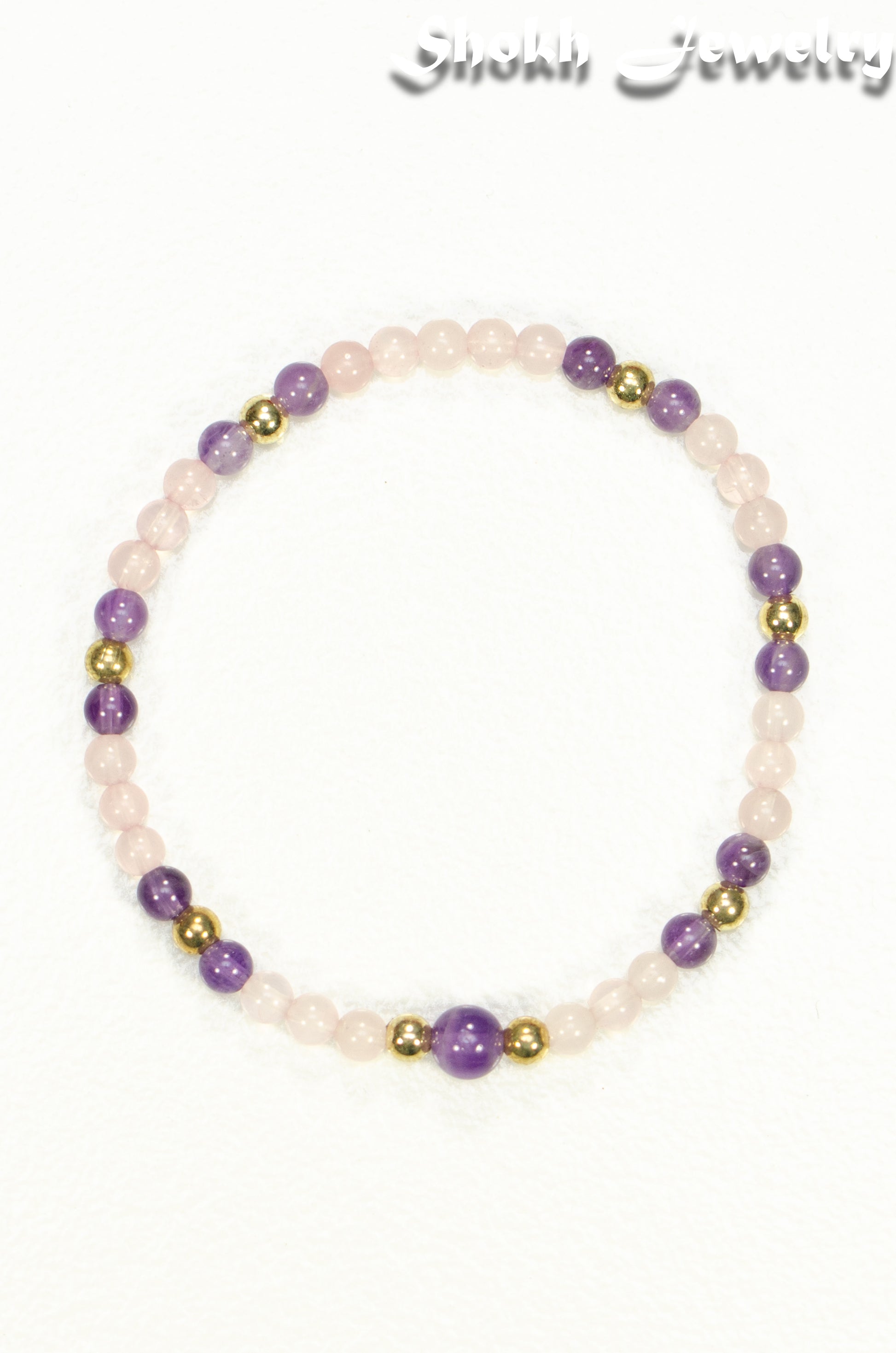 Top view of 4mm Rose Quartz and Amethyst Bracelet.