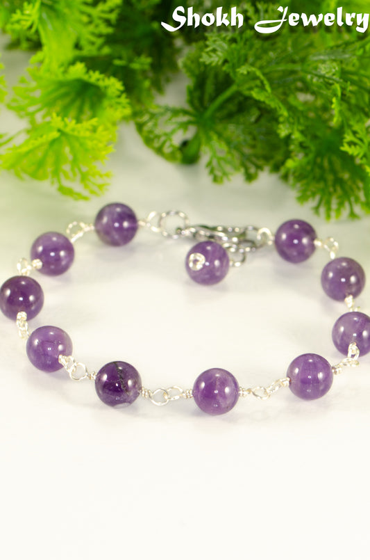 8mm Amethyst Link Chain Anklet with clasp and a dangle.