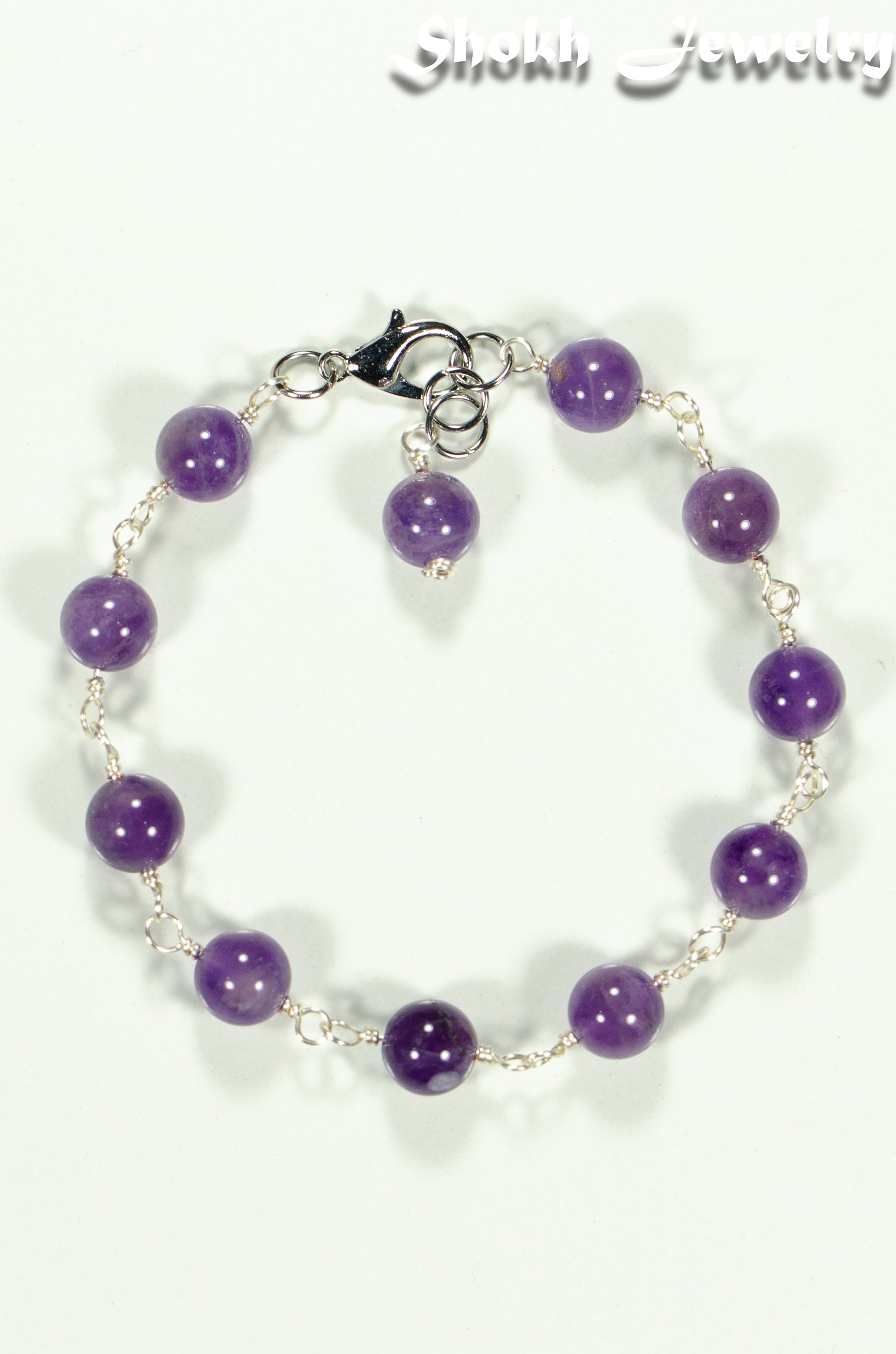 Top view of 8mm Amethyst Link Chain Anklet.