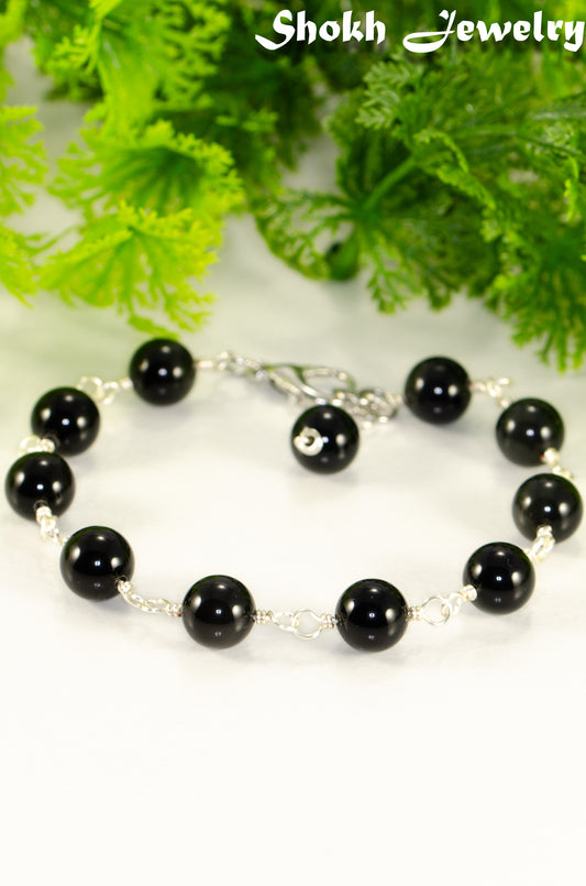 8mm Black Obsidian Link Anklet with clasp and a dangle.