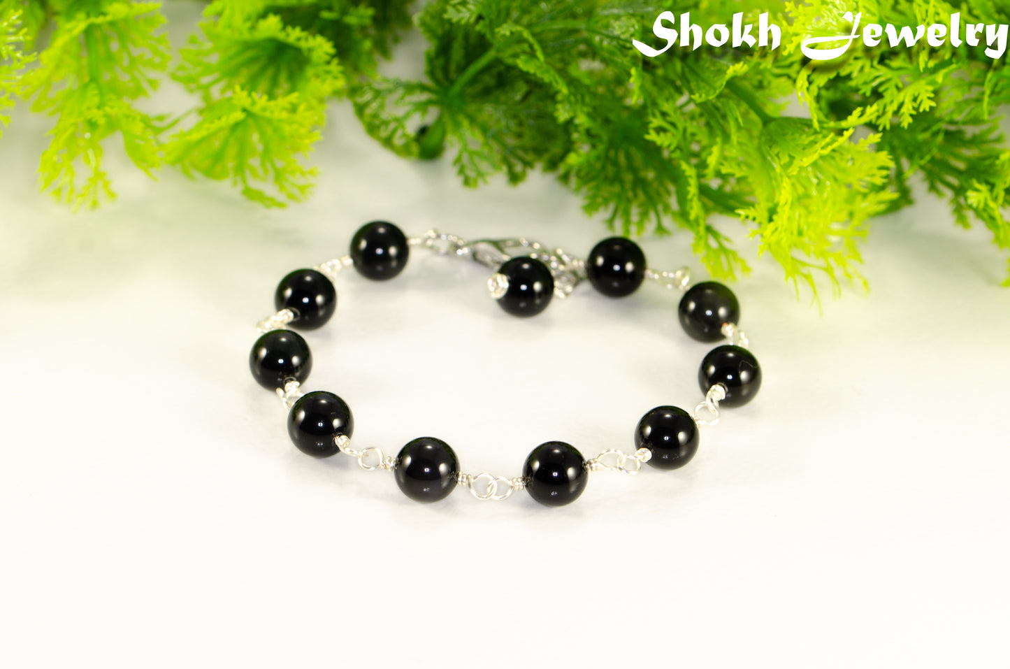 8mm Black Obsidian Link Bracelet for women/men.