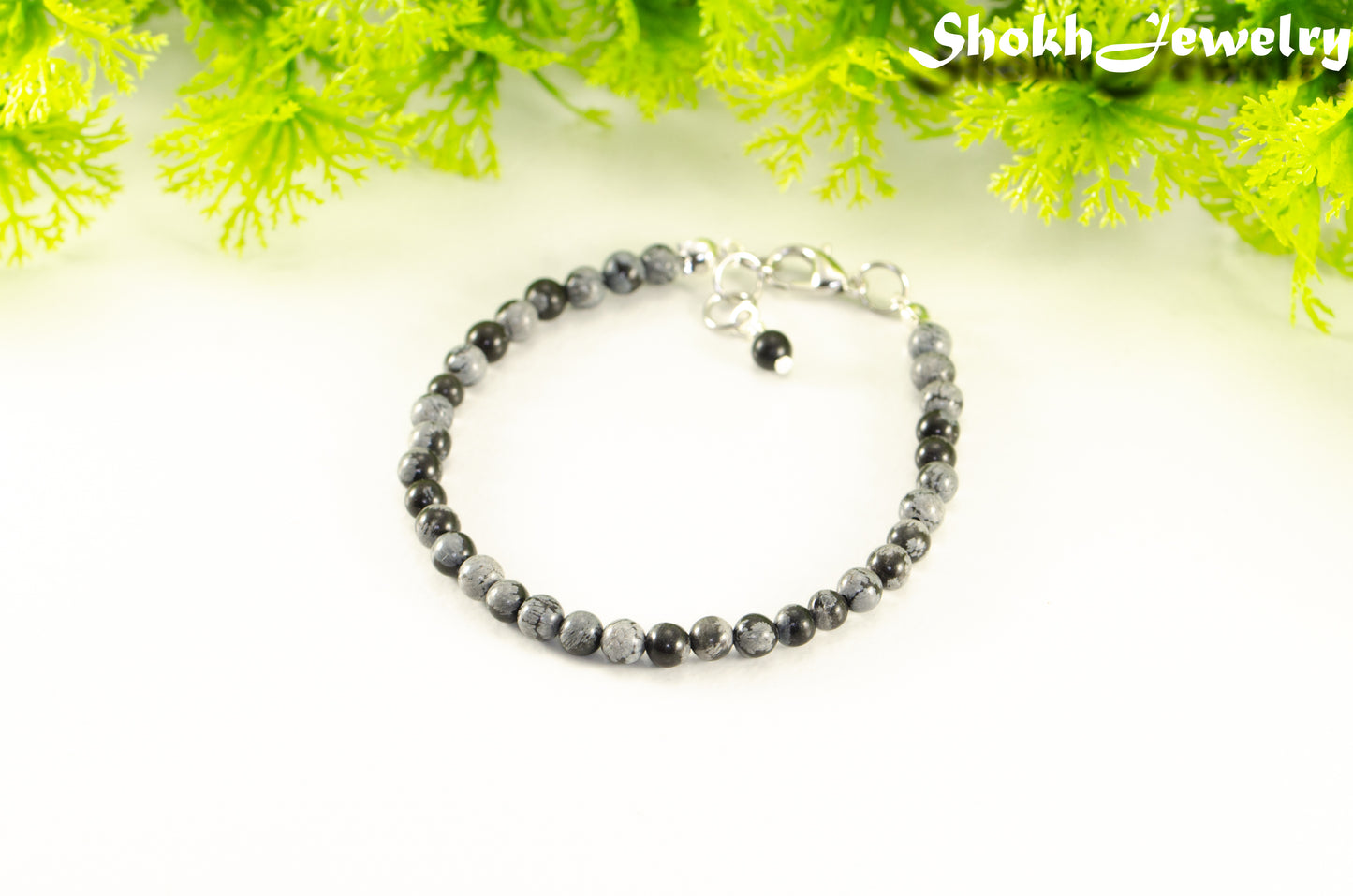 4mm Snowflake Obsidian Stone Bracelet with Clasp.