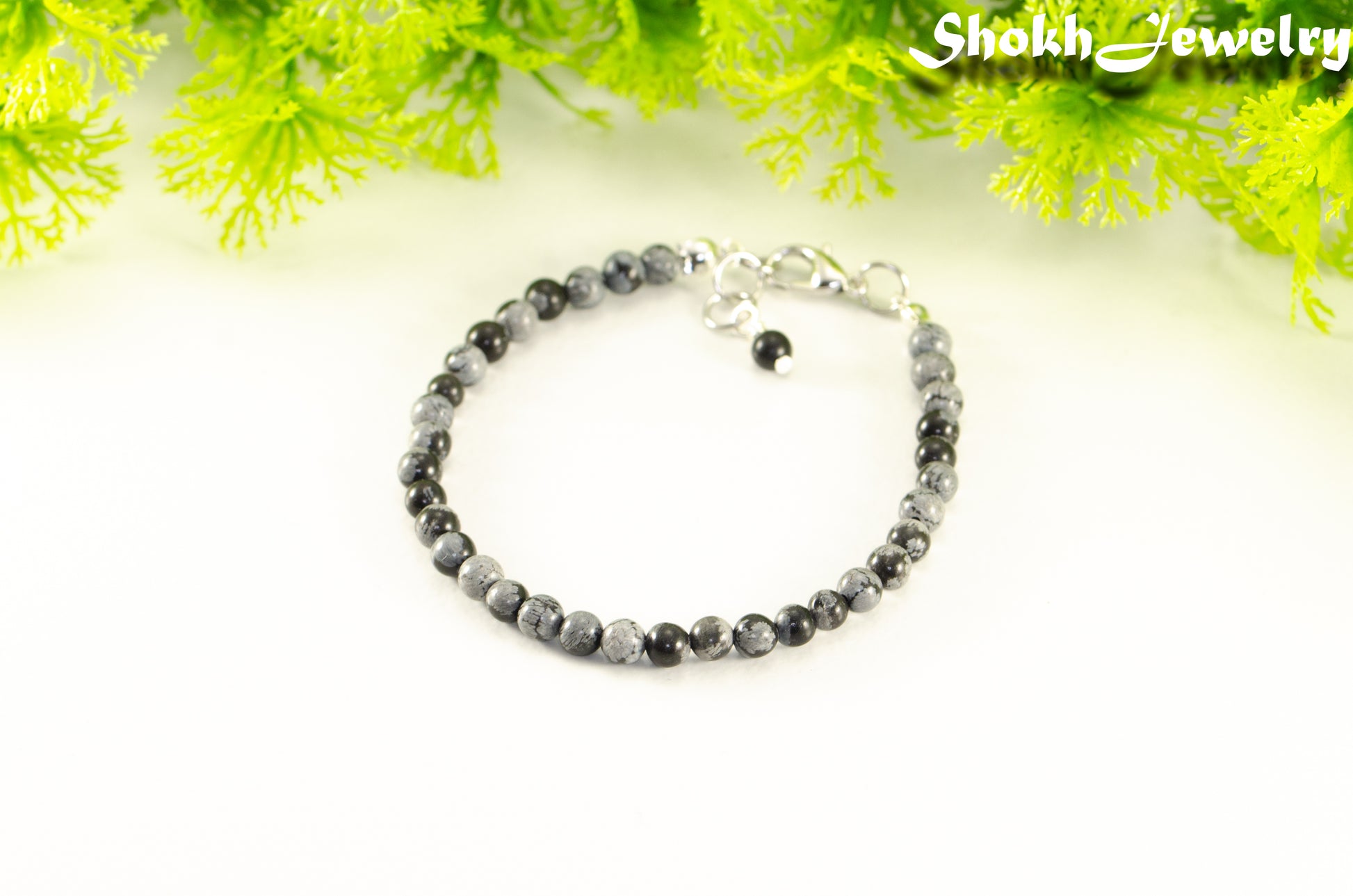 4mm Snowflake Obsidian Stone Bracelet with Clasp.