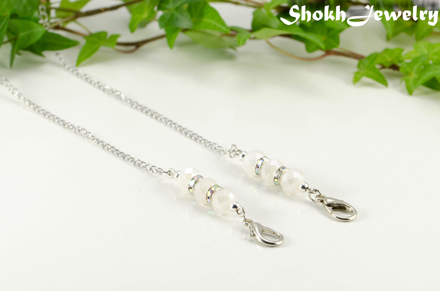 White Glass Crystal and Sparkly Rhinestone Eyeglass Chain.
