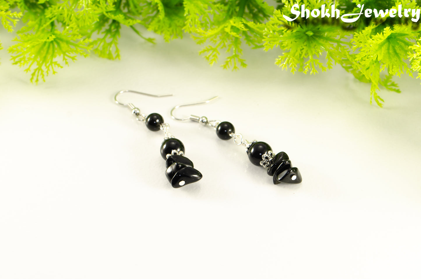 Long Black Obsidian Crystal Chip Earrings for women.
