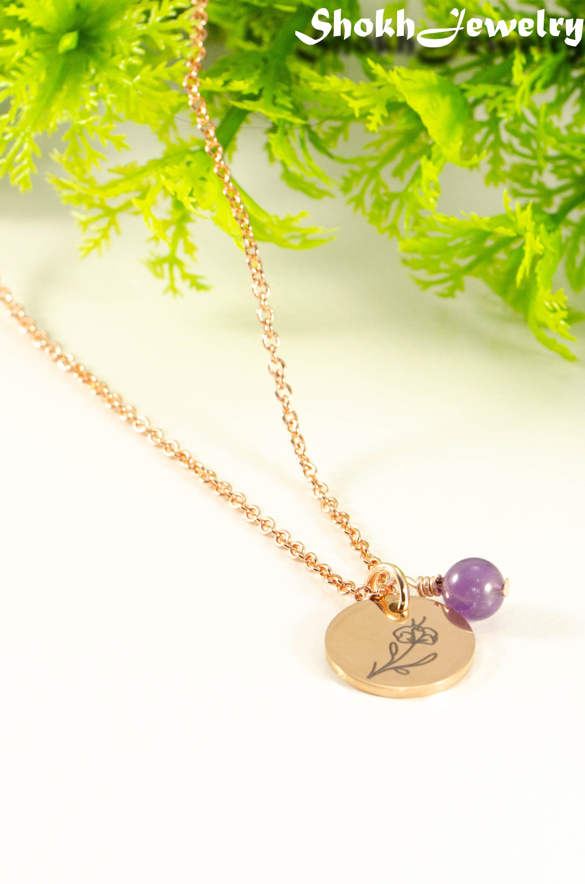 Rose Gold Plated February Birth Flower Necklace with Amethyst Birthstone Pendant.