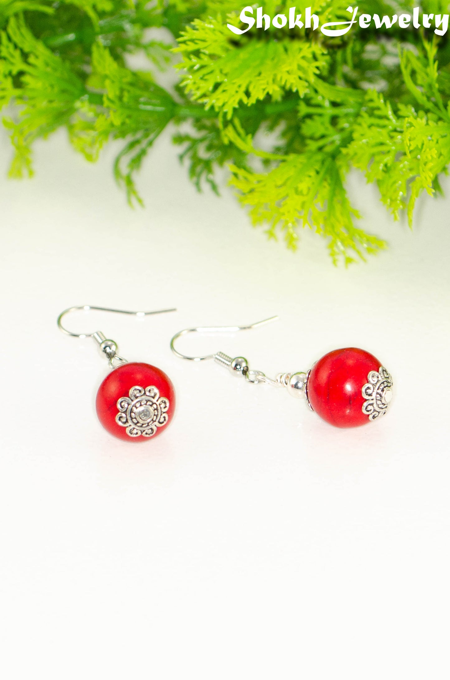12mm Red Howlite Dangle Earrings for women.