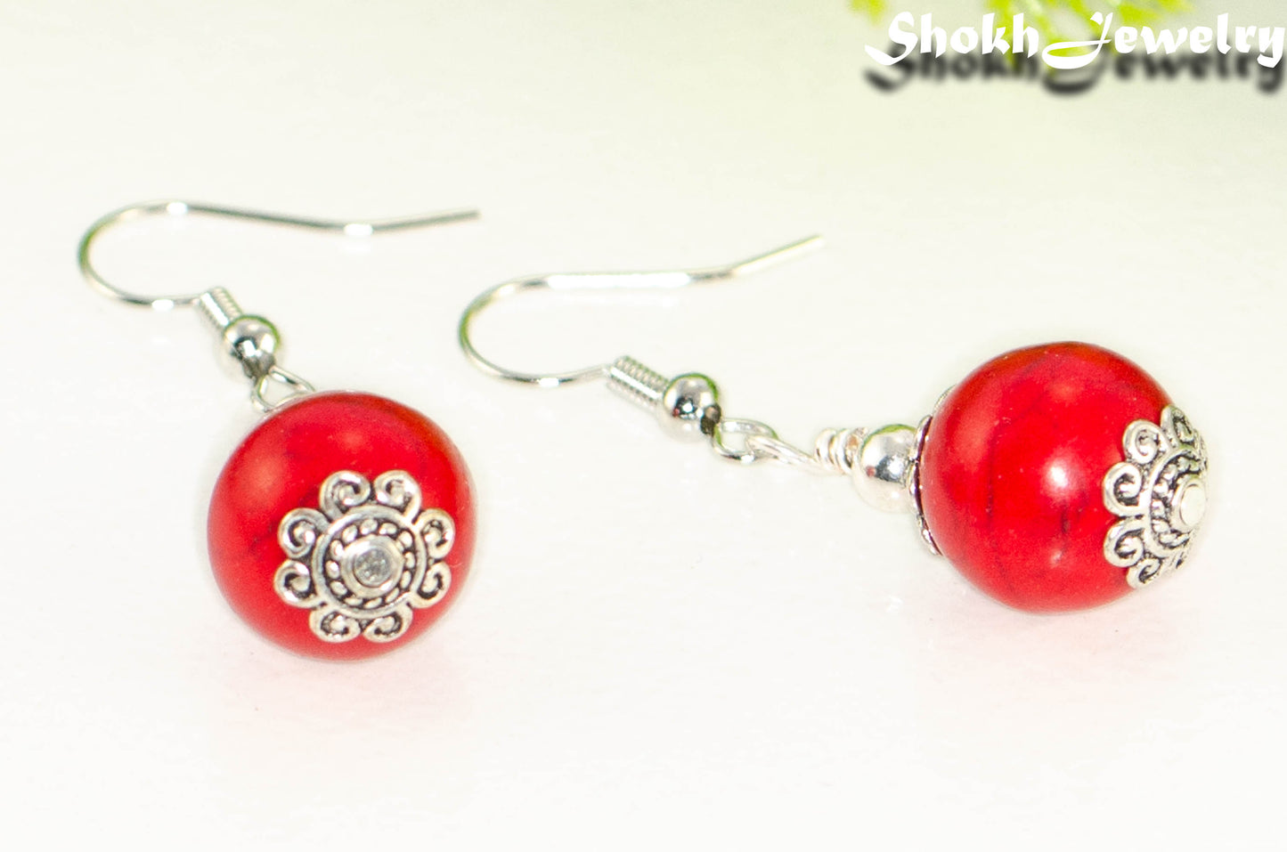 12mm Red Howlite Dangle Earrings