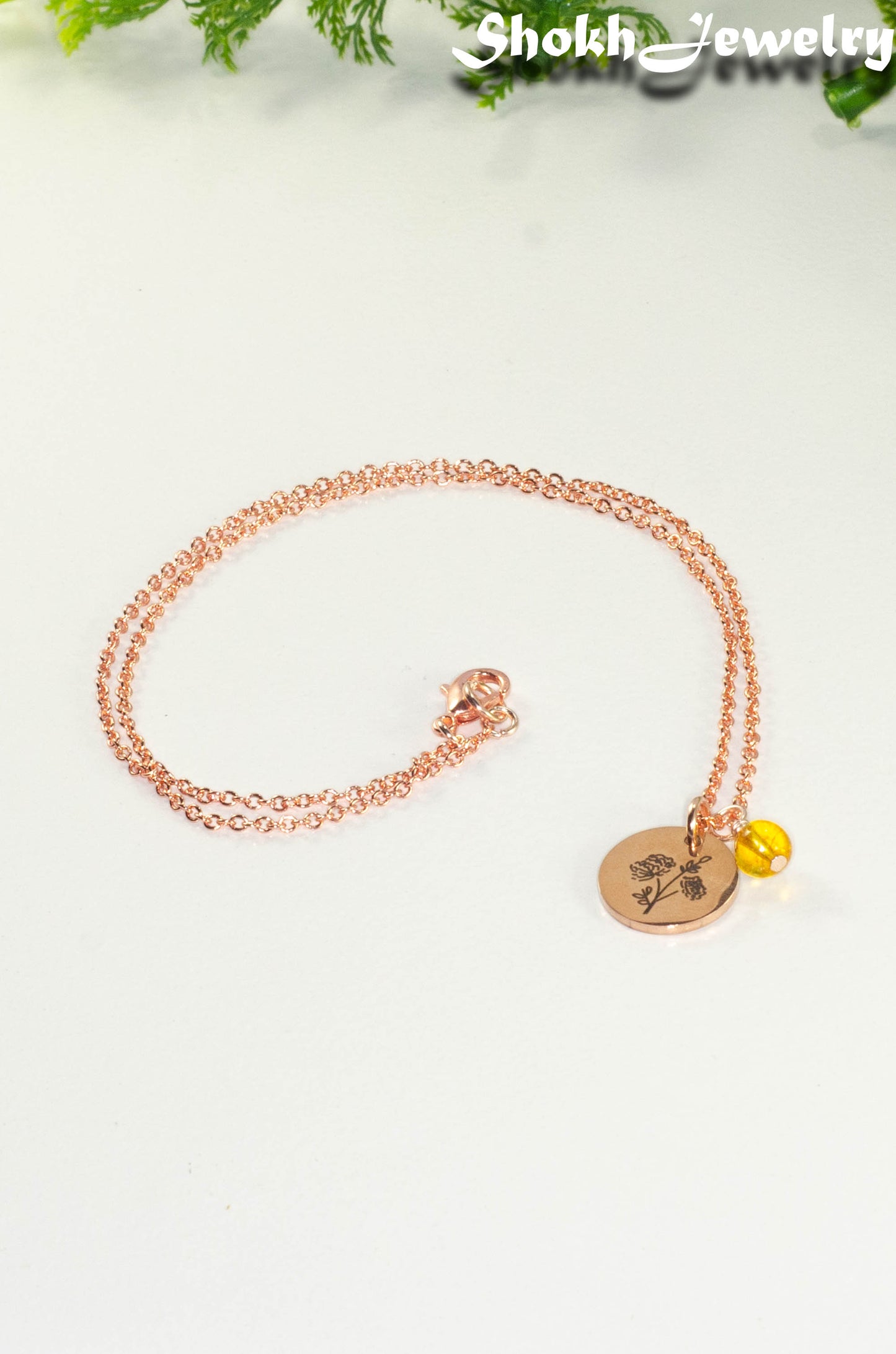 Rose Gold Plated November Birth Flower Necklace with Citrine Birthstone Pendant.