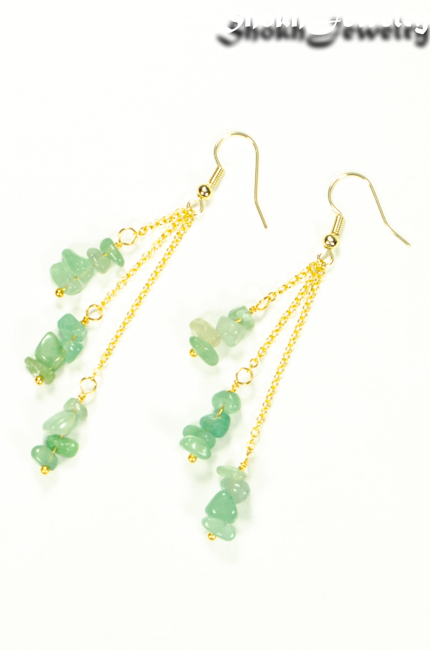 Top view of Long Gold Plated Chain and Green Aventurine Chip Earrings.