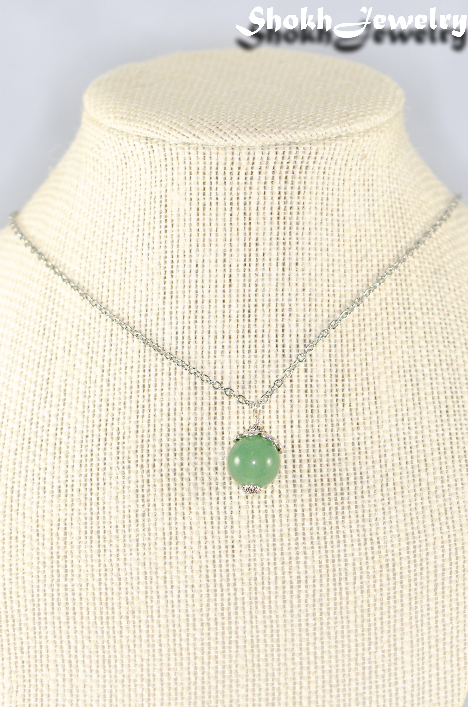 12mm Green Aventurine Pendant Necklace displayed on a bust.