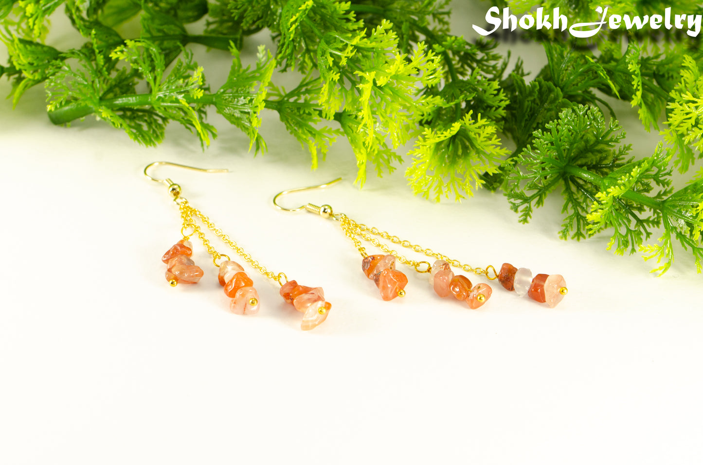 Long Gold Plated Chain and Carnelian Crystal Chip Earrings for women.