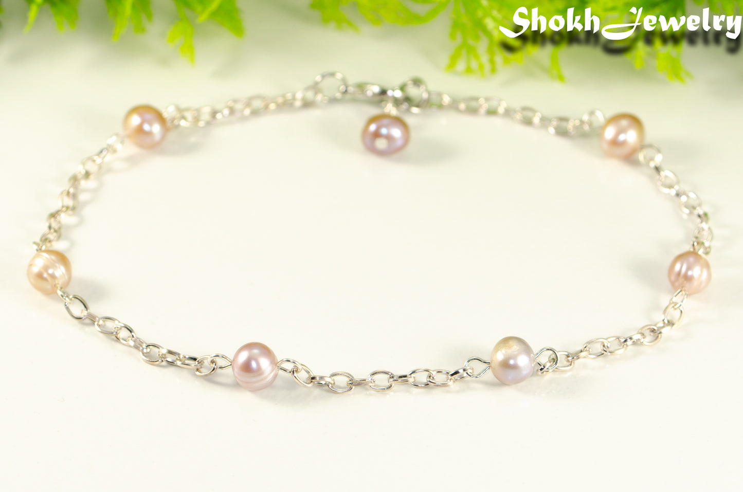 Close up of Lavender Freshwater Pearl and Chain Anklet.