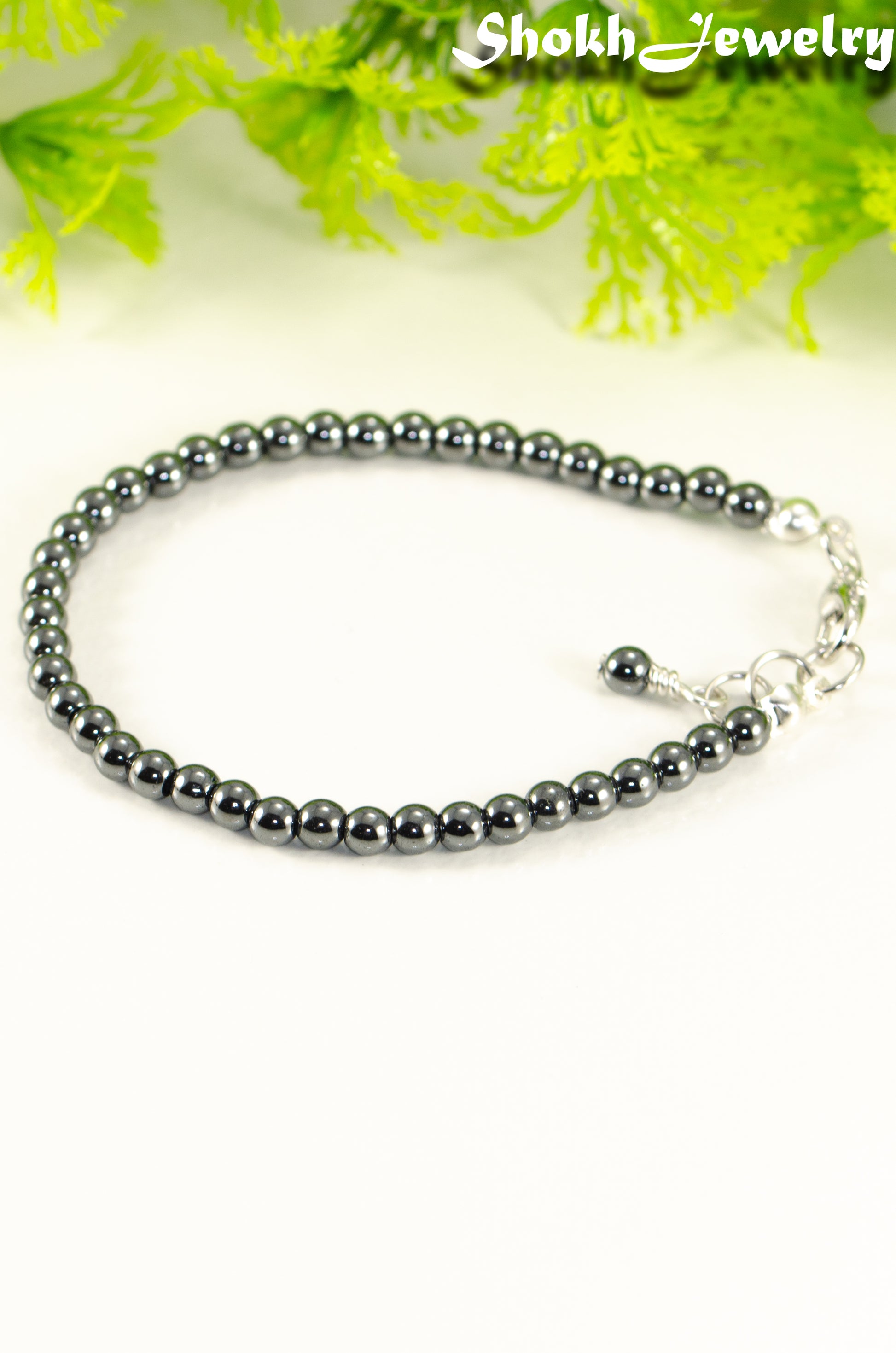 Close up of 4mm Hematite Stone Bracelet with Clasp.