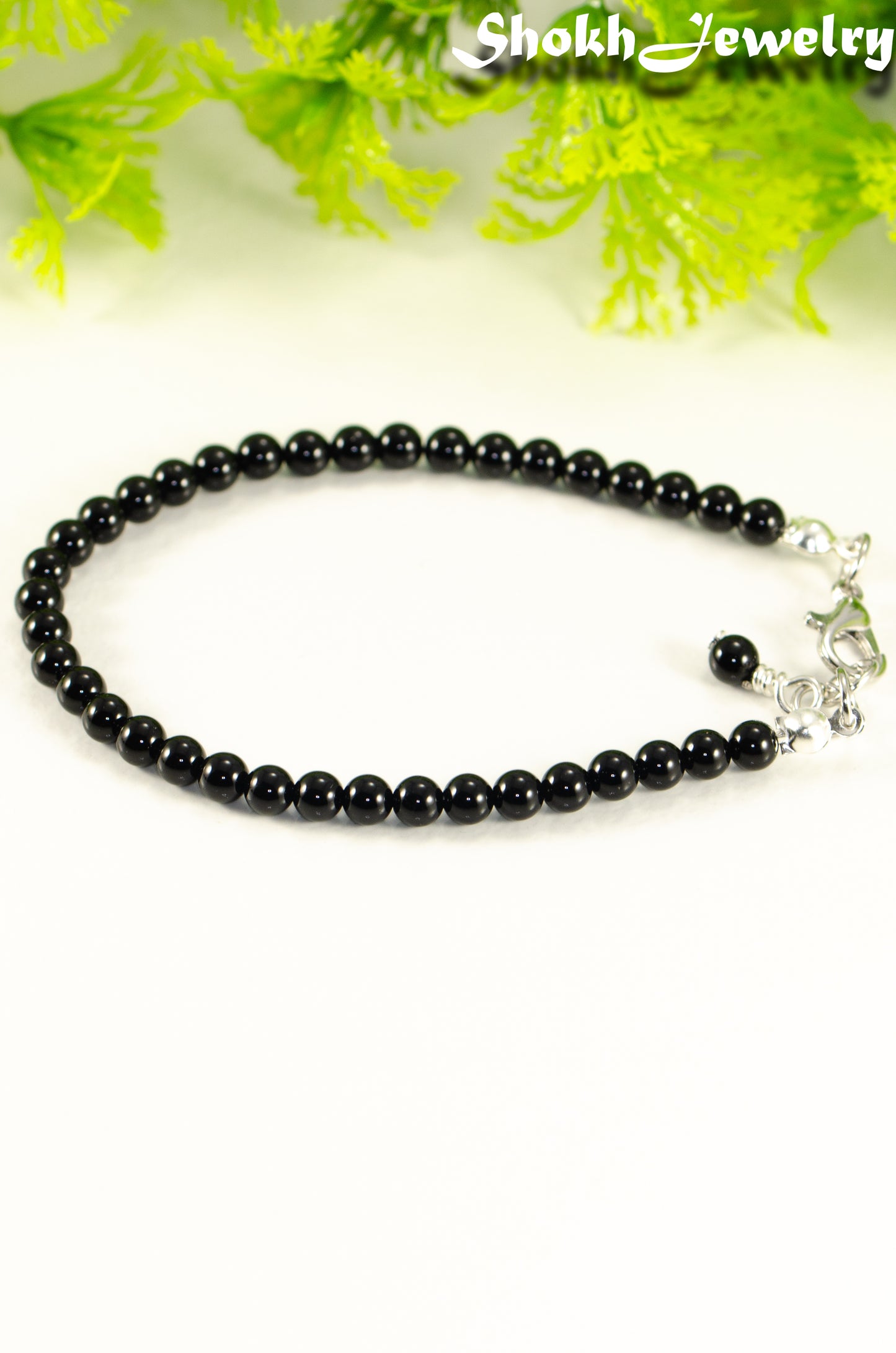 Close up of 4mm Black Onyx Stone Bracelet with Clasp.
