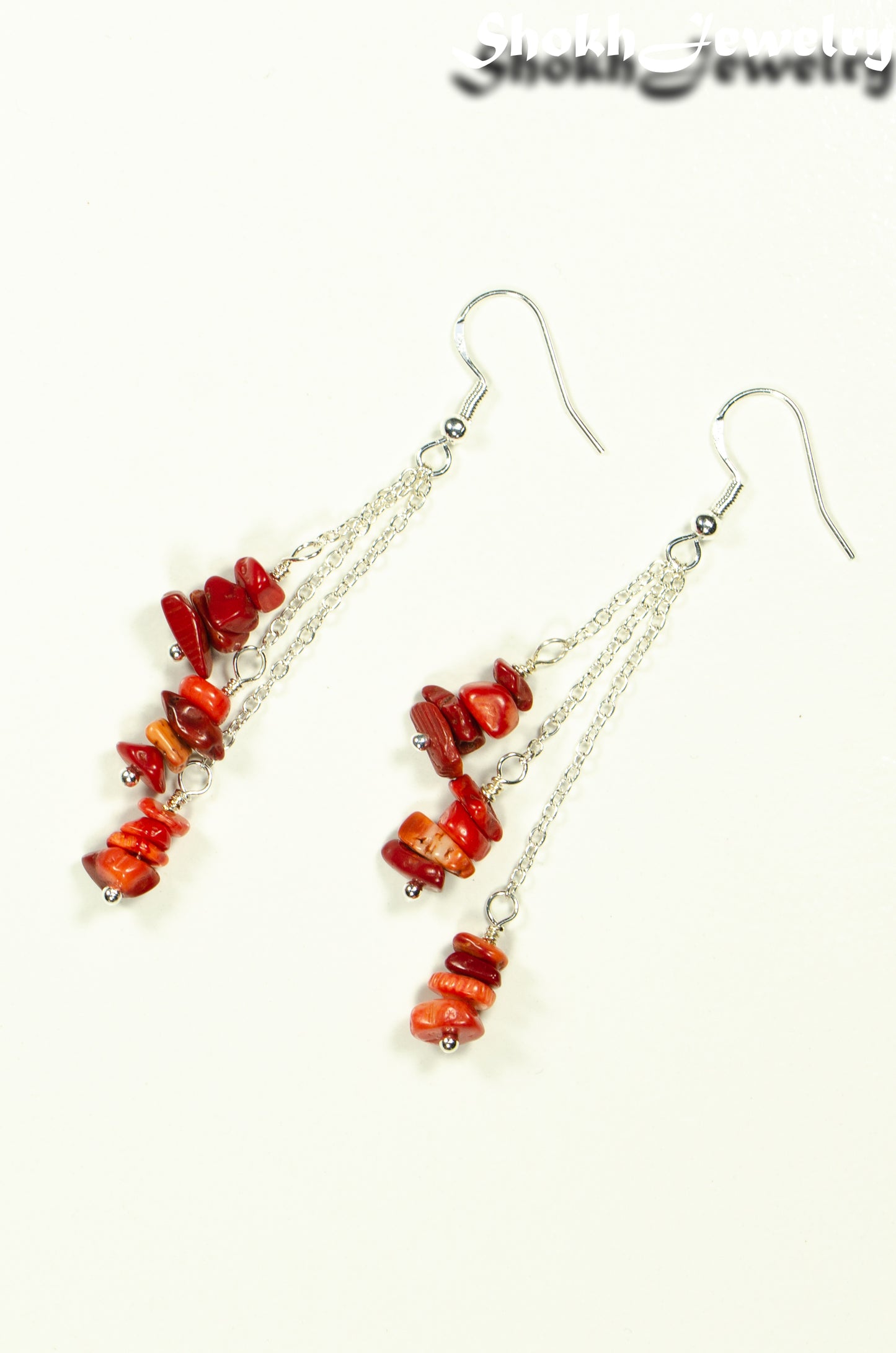 Top view of Long Silver Plated Chain and Red Coral Chip Earrings.