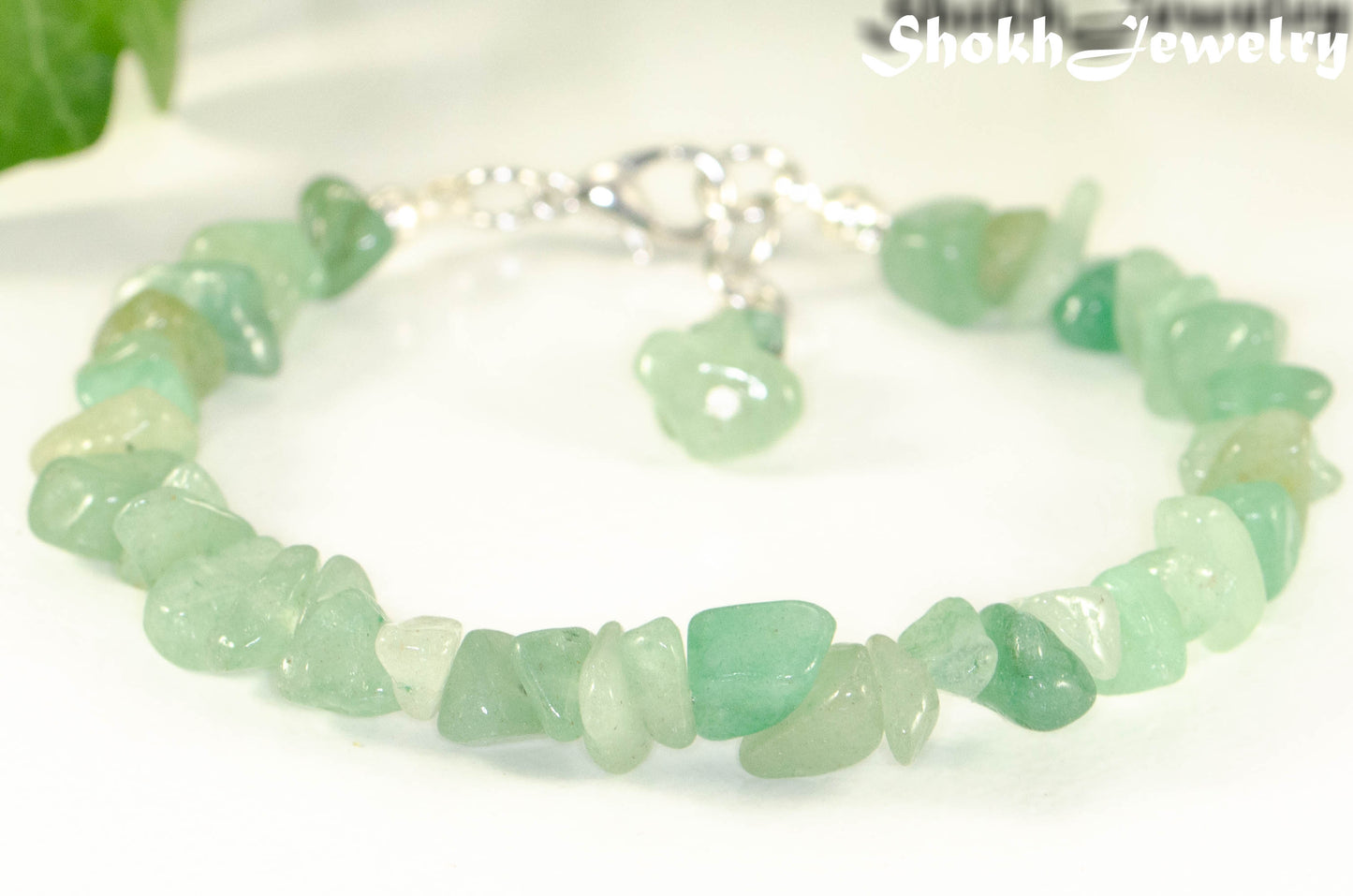 Close up of Natural Green Aventurine Crystal Chip Bracelet.