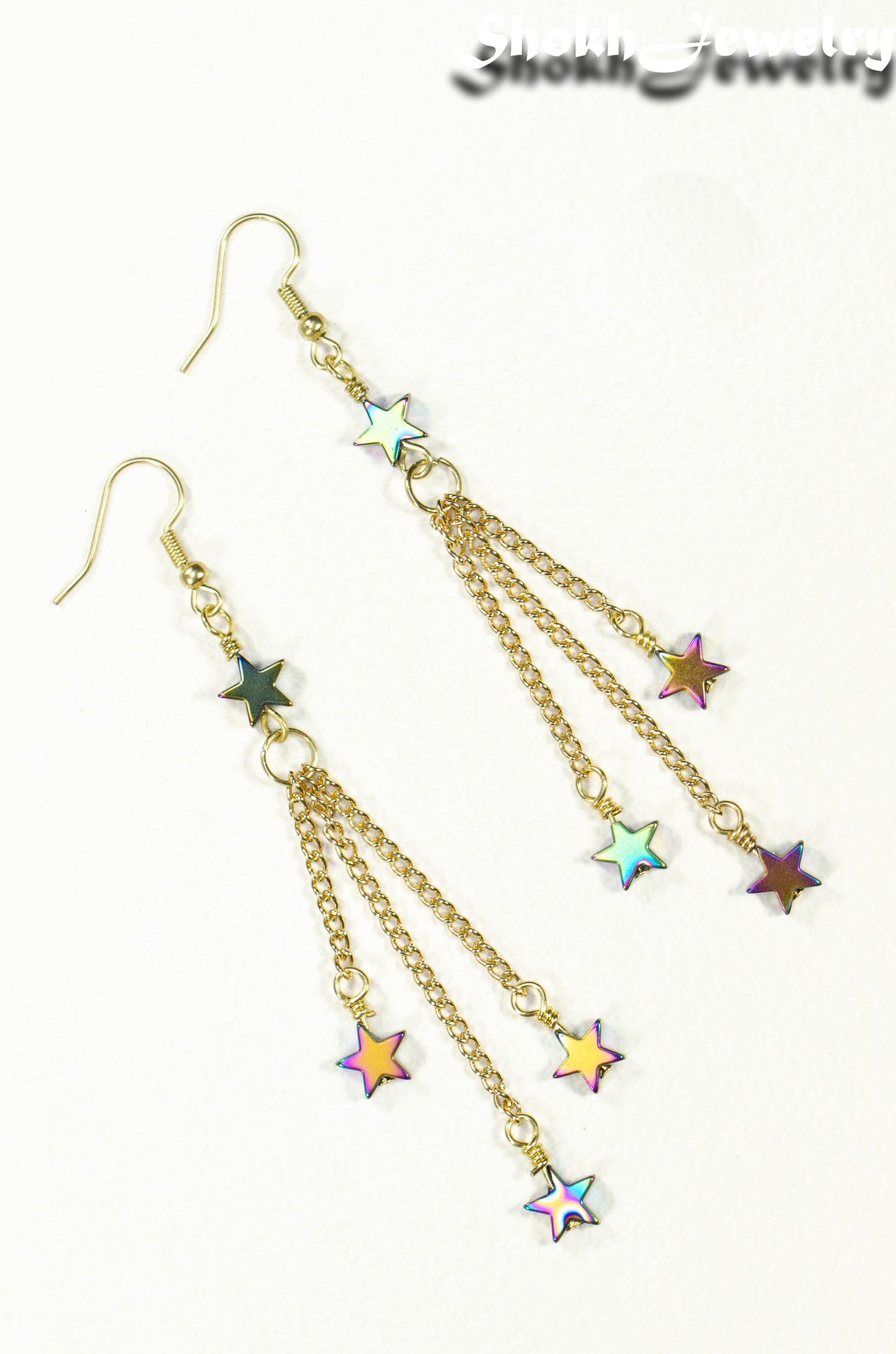 Sparkly Hematite Star and Gold Chain Earrings