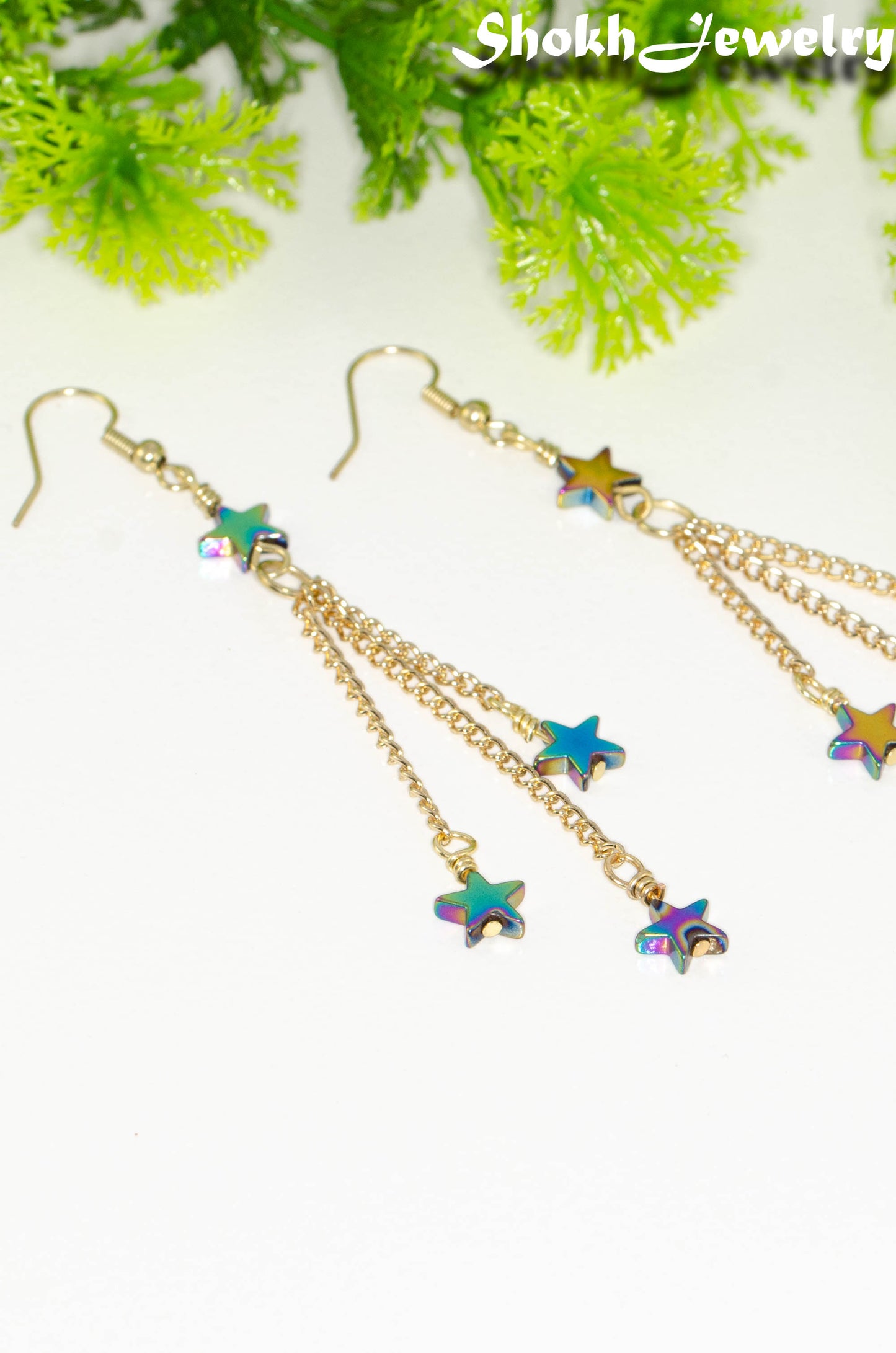 Sparkly Hematite Star and Gold Chain Earrings