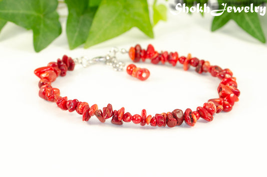 Natural Red Coral Chip Anklet.