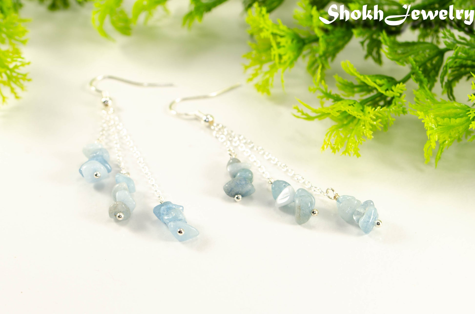 Long Silver Plated Chain and Aquamarine Crystal Chip Earrings