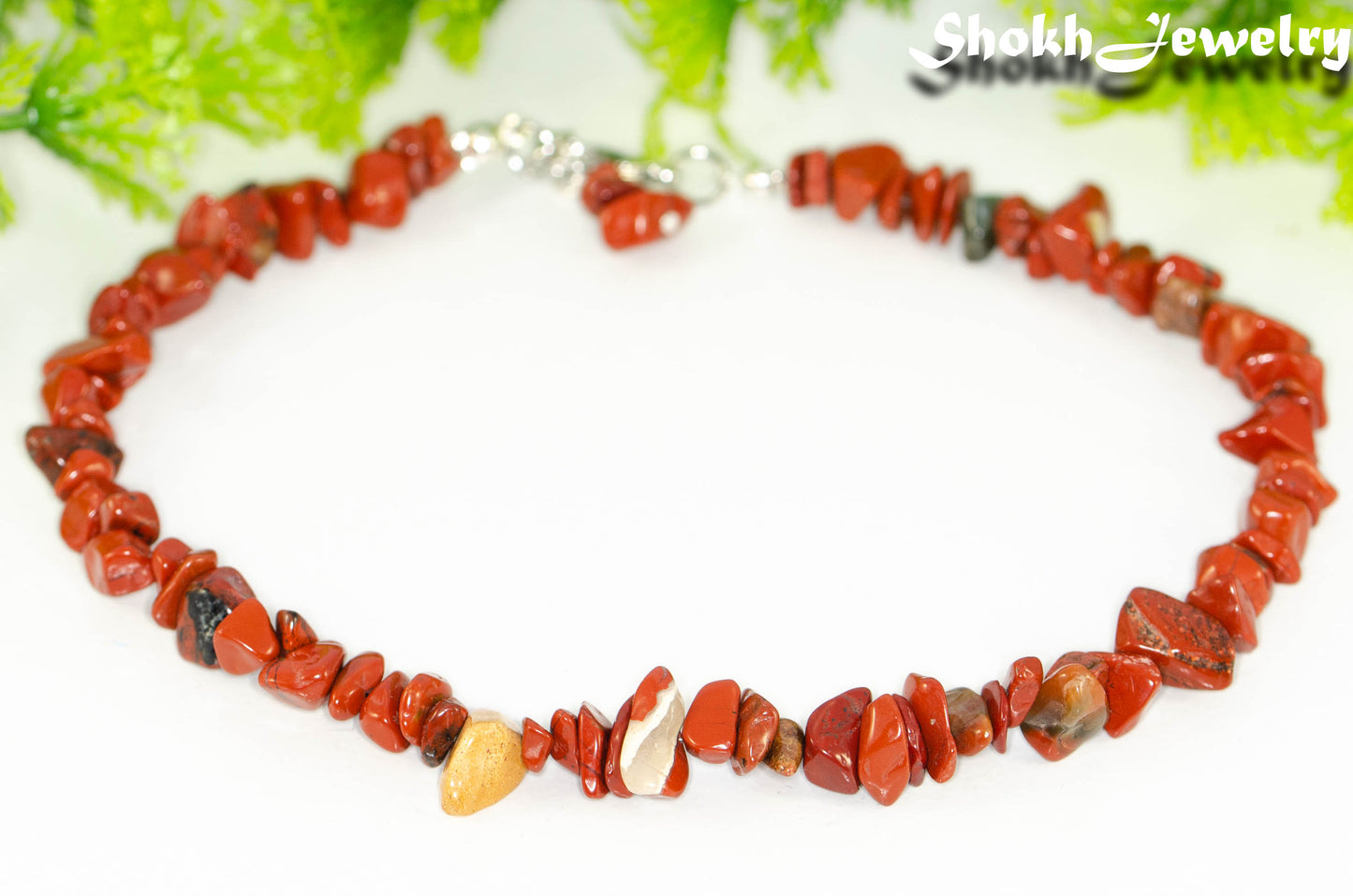 Close up of Natural Red Jasper Crystal Chip Anklet.
