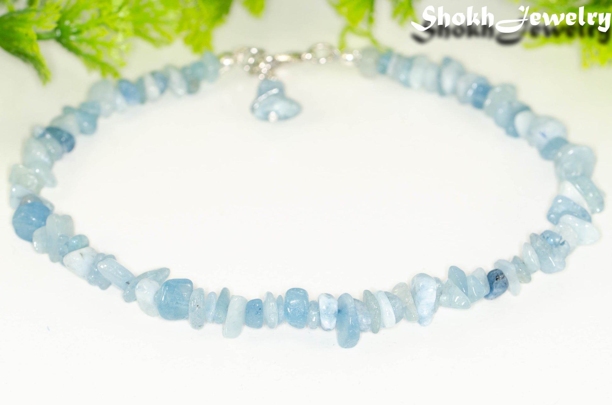 Close up of Natural Aquamarine Crystal Chip Anklet