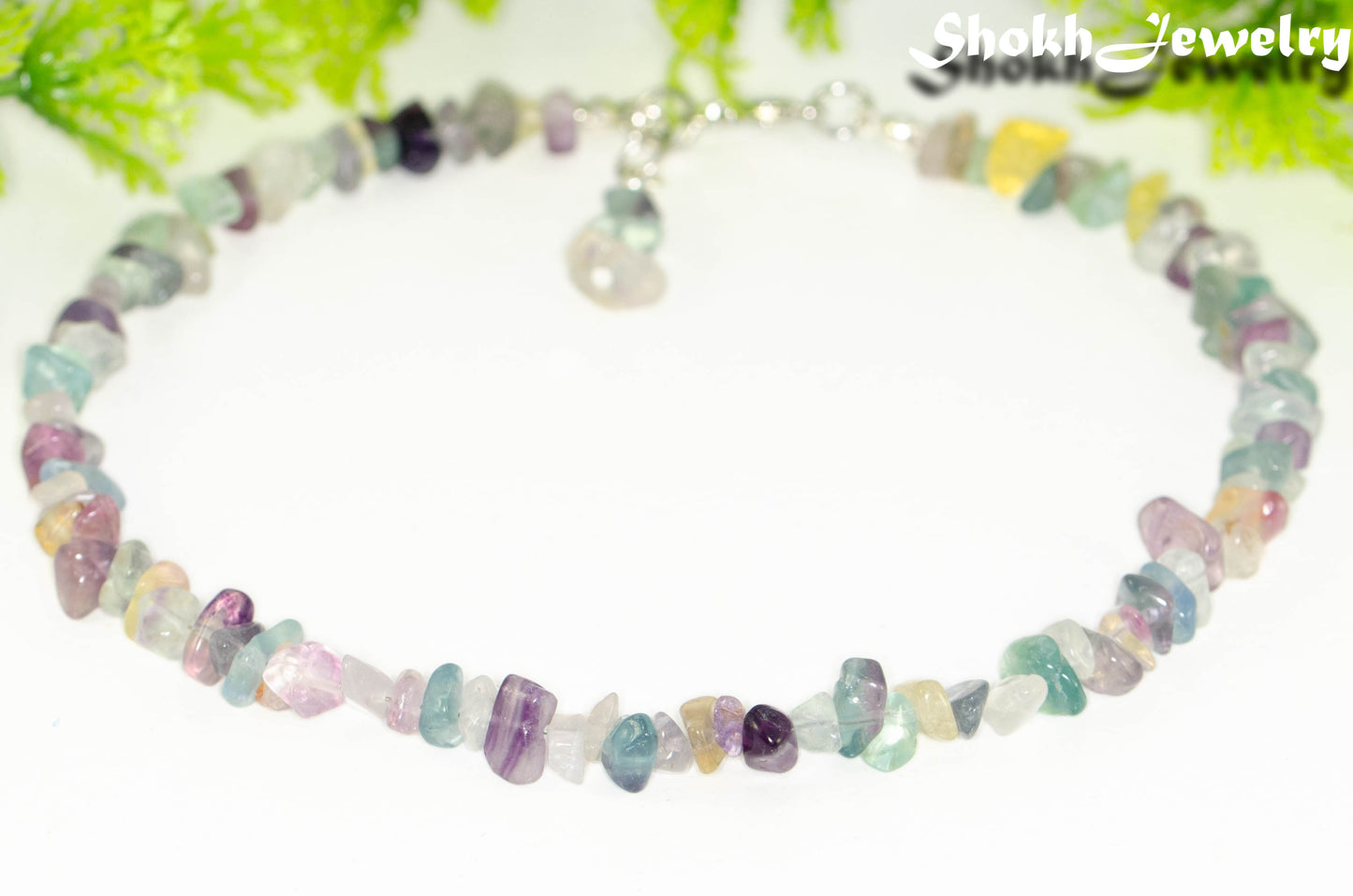 Close up of Natural Rainbow Fluorite Crystal Chip Anklet.