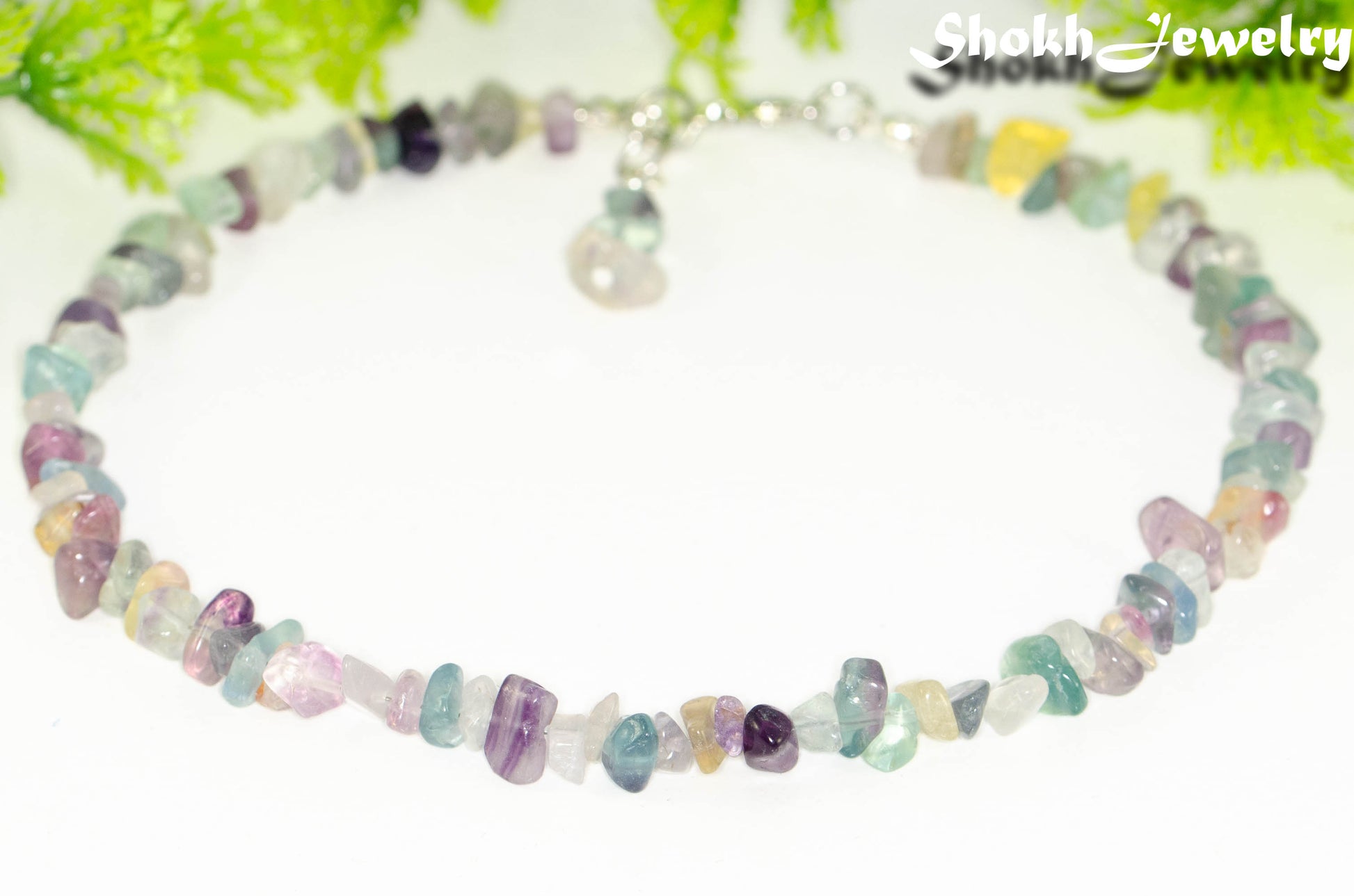 Close up of Natural Rainbow Fluorite Crystal Chip Anklet.
