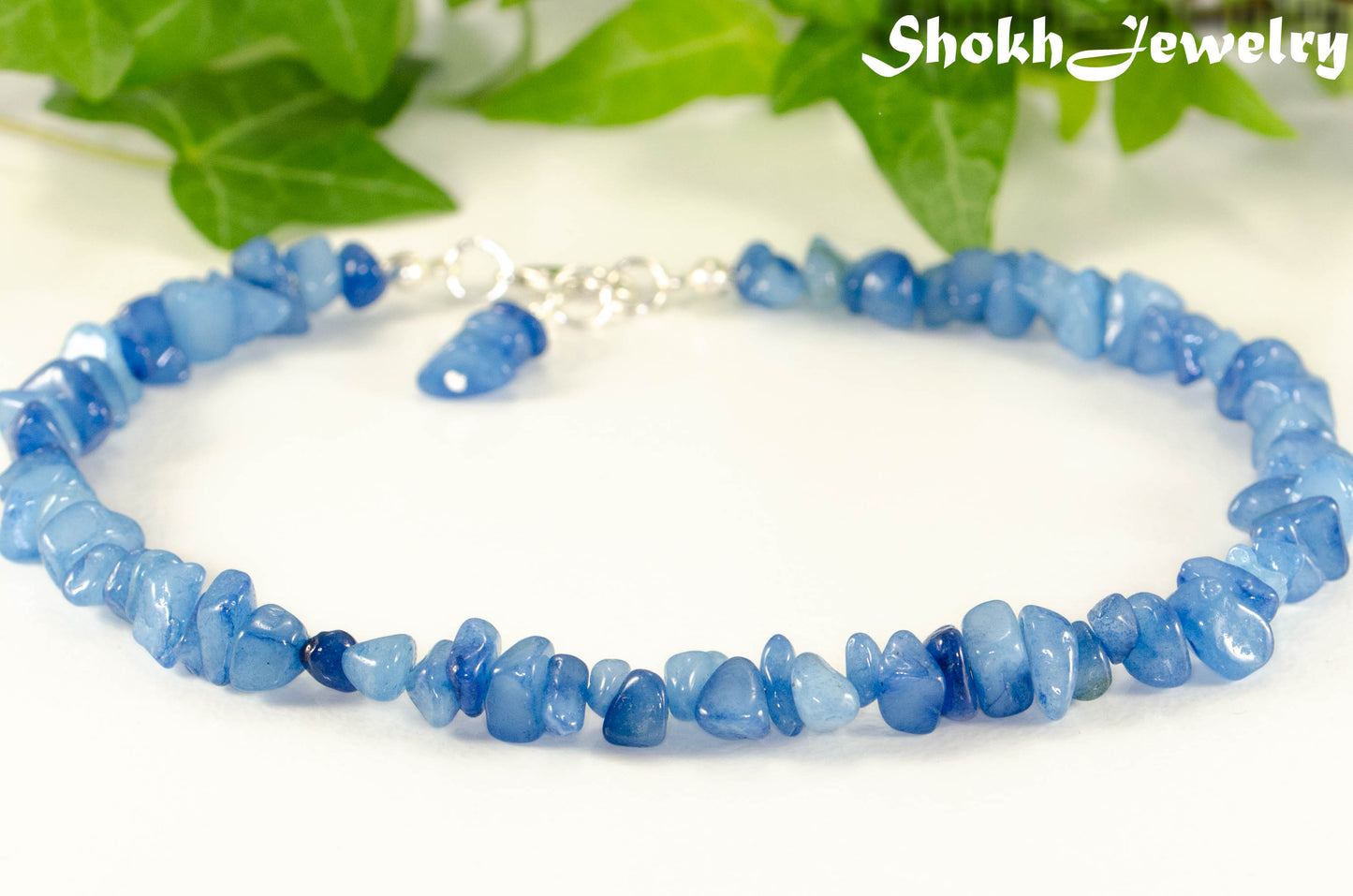 Close up of Natural Blue Quartzite Crystal Chip Anklet