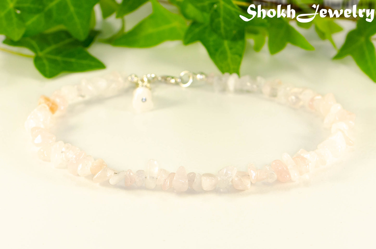 Close up of Natural Rose Quartz Crystal Chip Anklet